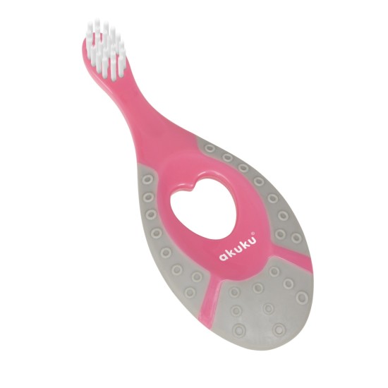 Akuku Baby first toothbrush with teether grey-pink 0m+ / A0677 / Akuku